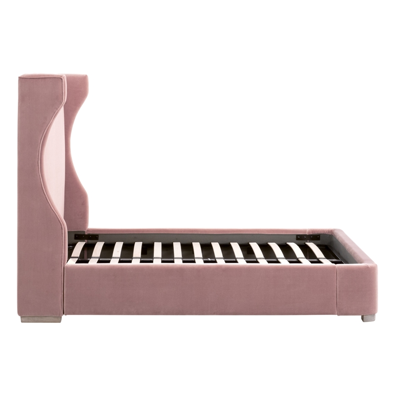 Maklaine Transitional Queen Bed in Petal Pink Velvet and Natural Gray Oak
