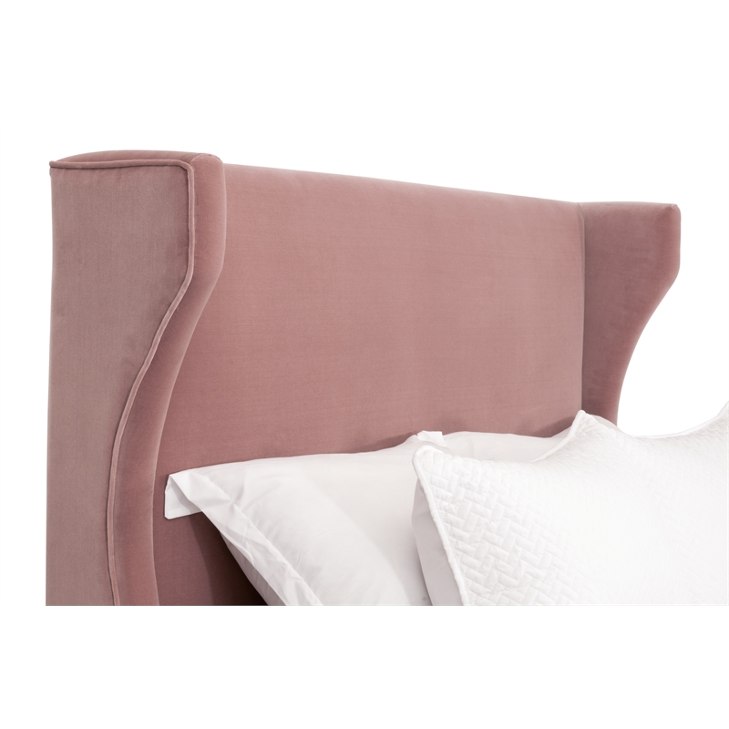 Maklaine Transitional Queen Bed in Petal Pink Velvet and Natural Gray Oak