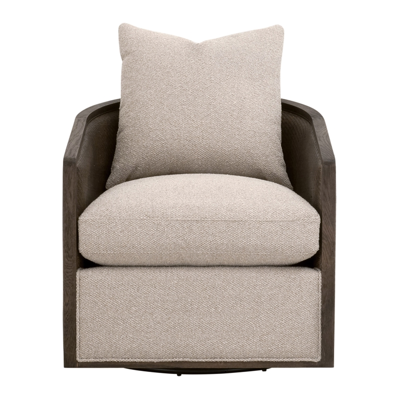 Maklaine Swivel Club Chair in Beige Fabric with Matte Brown Oak & Cane