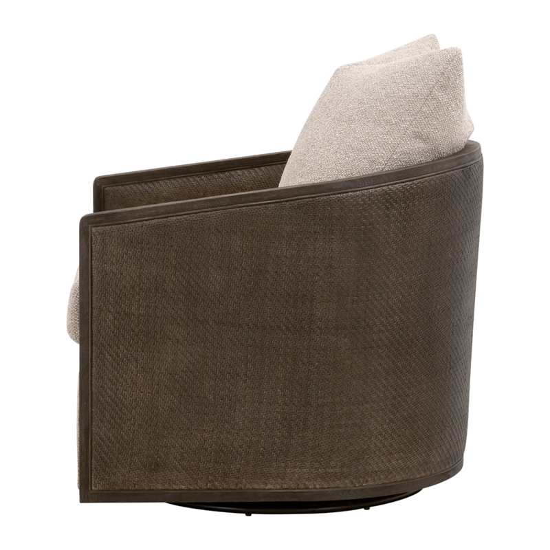 Maklaine Swivel Club Chair in Beige Fabric with Matte Brown Oak & Cane