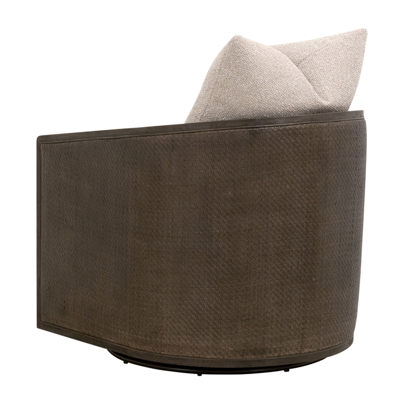 Maklaine Swivel Club Chair in Beige Fabric with Matte Brown Oak & Cane