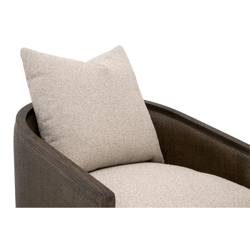 Maklaine Swivel Club Chair in Beige Fabric with Matte Brown Oak & Cane