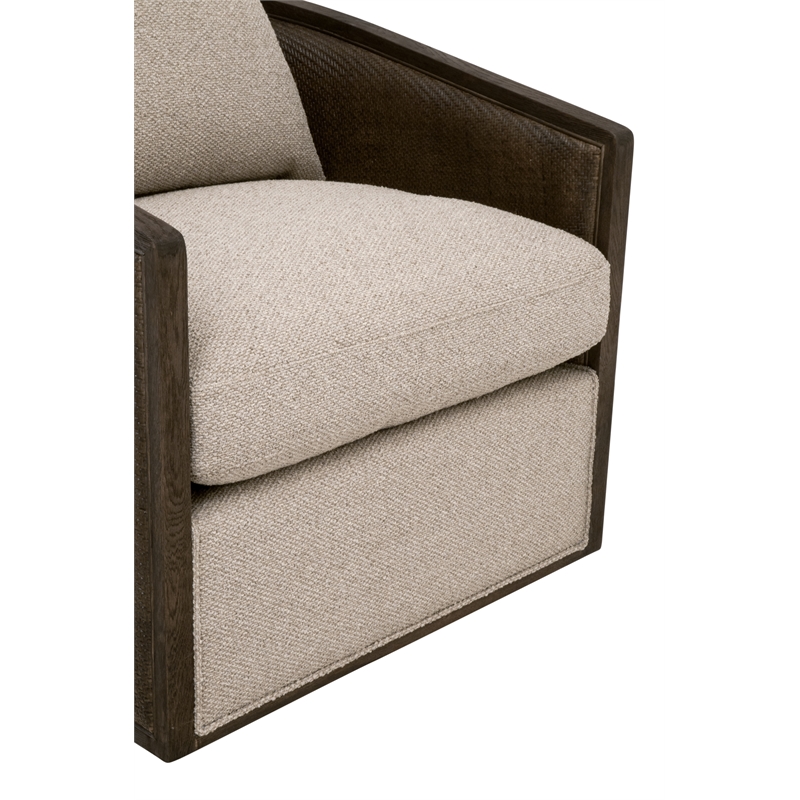 Maklaine Swivel Club Chair in Beige Fabric with Matte Brown Oak & Cane