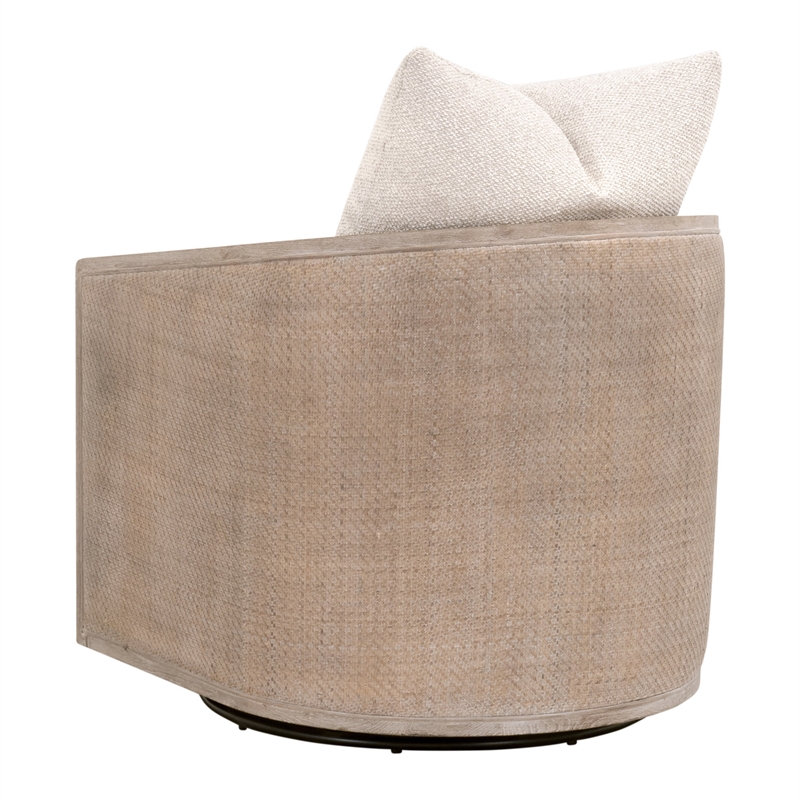 Maklaine Swivel Club Chair in Beige Fabric with Natural Gray Oak & Cane