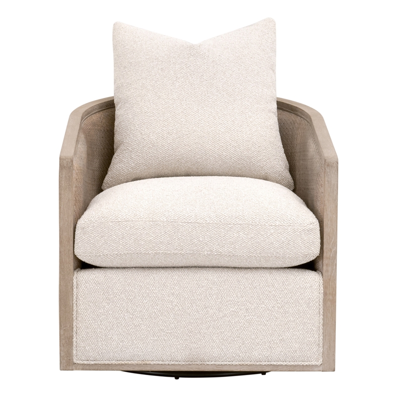 Maklaine Swivel Club Chair in Beige Fabric with Natural Gray Oak & Cane
