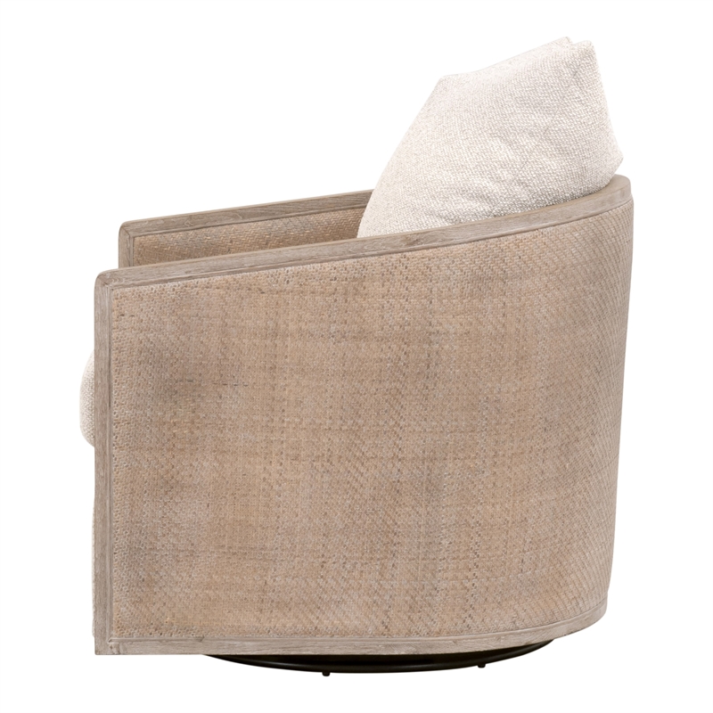 Maklaine Swivel Club Chair in Beige Fabric with Natural Gray Oak & Cane