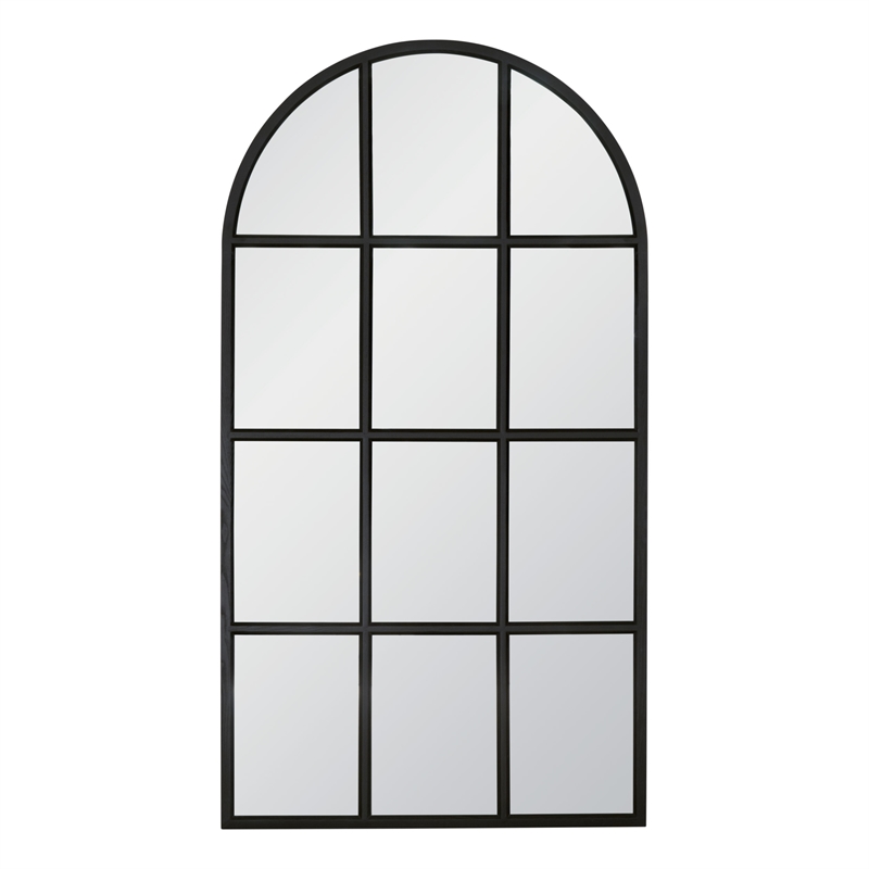 Maklaine Transitional Grid Arched Mirror in Matte Black Solid Wood