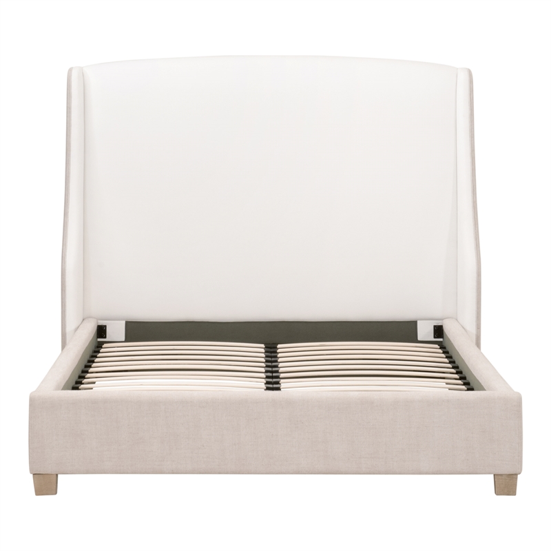 Maklaine Transitional Queen Bed in White/Beige Fabric & Natural Gray Wood