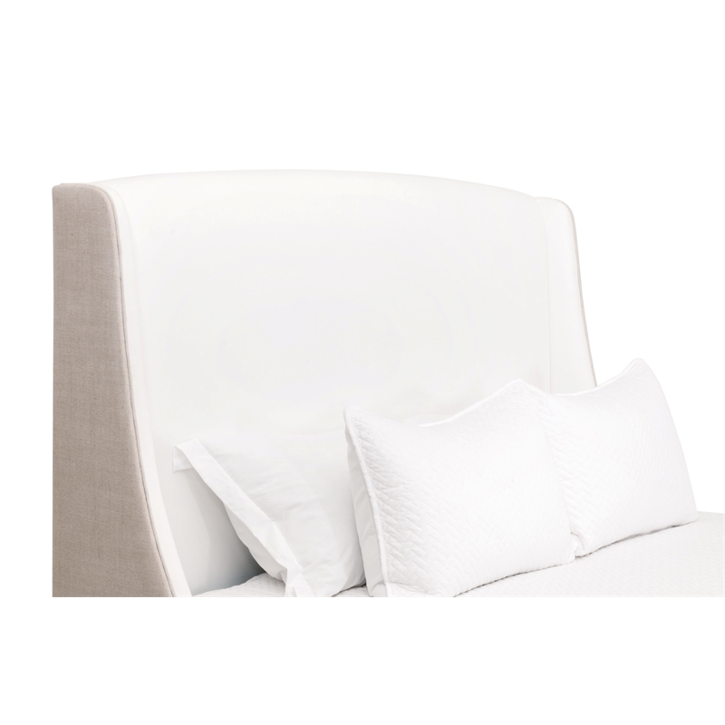 Maklaine Transitional Queen Bed in White/Beige Fabric & Natural Gray Wood