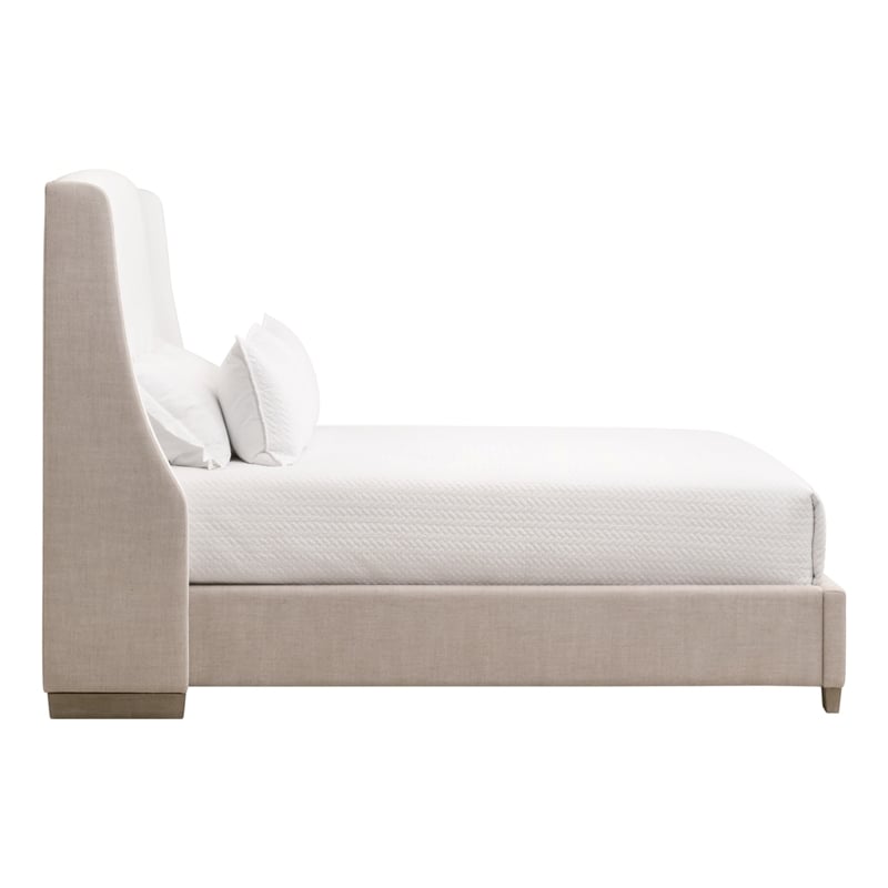 Maklaine Transitional Cal King Bed in White/Beige Fabric & Natural Gray Wood