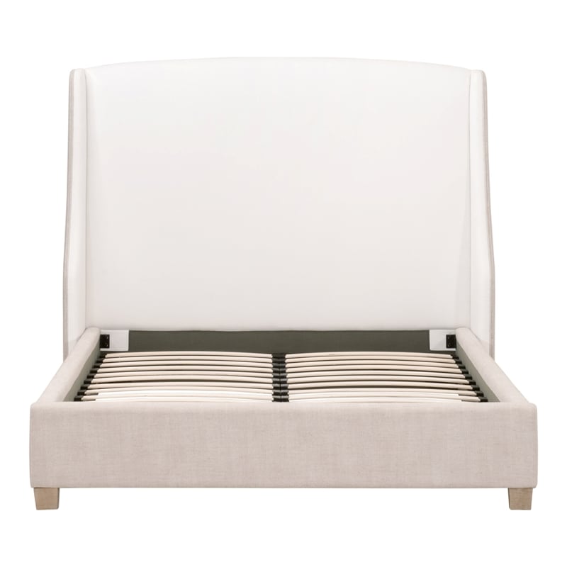 Maklaine Transitional Cal King Bed in White/Beige Fabric & Natural Gray Wood