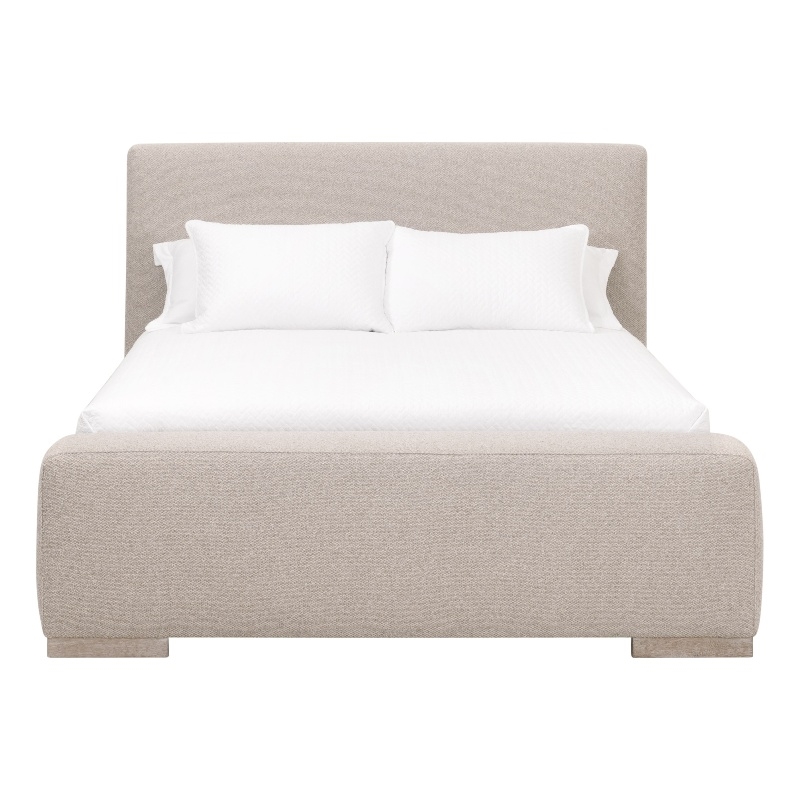 Maklaine Transitional Queen Bed in Taupe Fabric & Natural Gray Wood