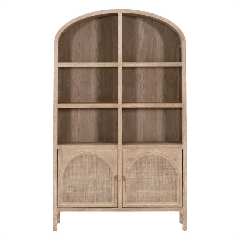 Maklaine Transitional Storage Bookcase in Natural Beige Solid Wood & Cane
