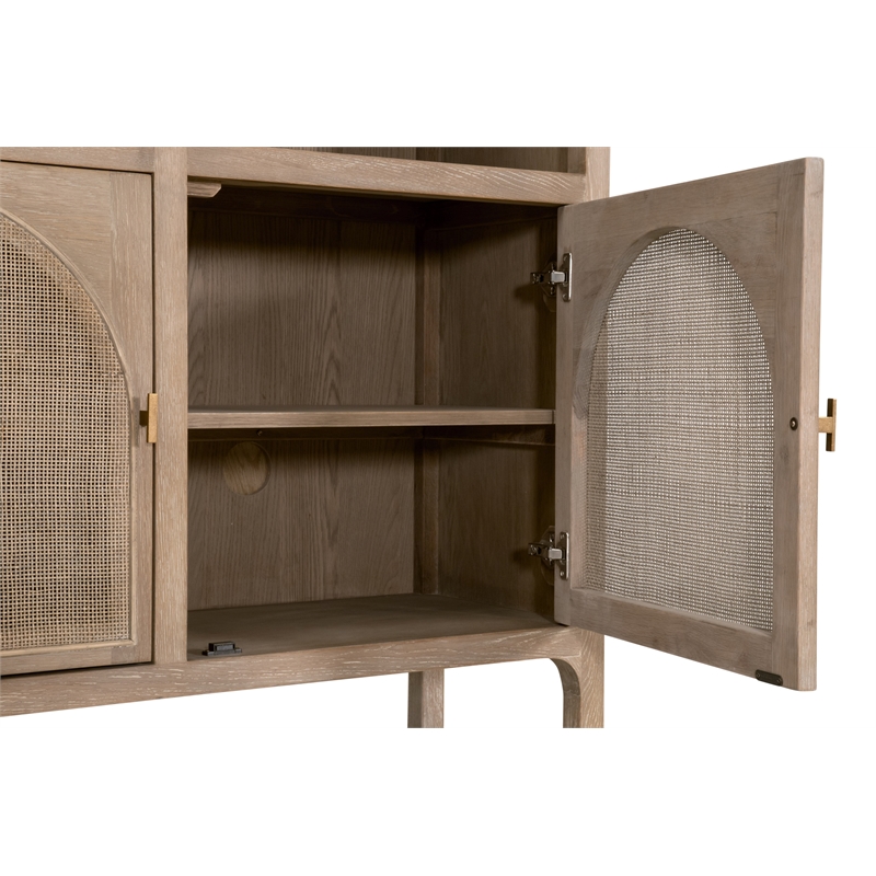 Maklaine Transitional Storage Bookcase in Natural Beige Solid Wood & Cane