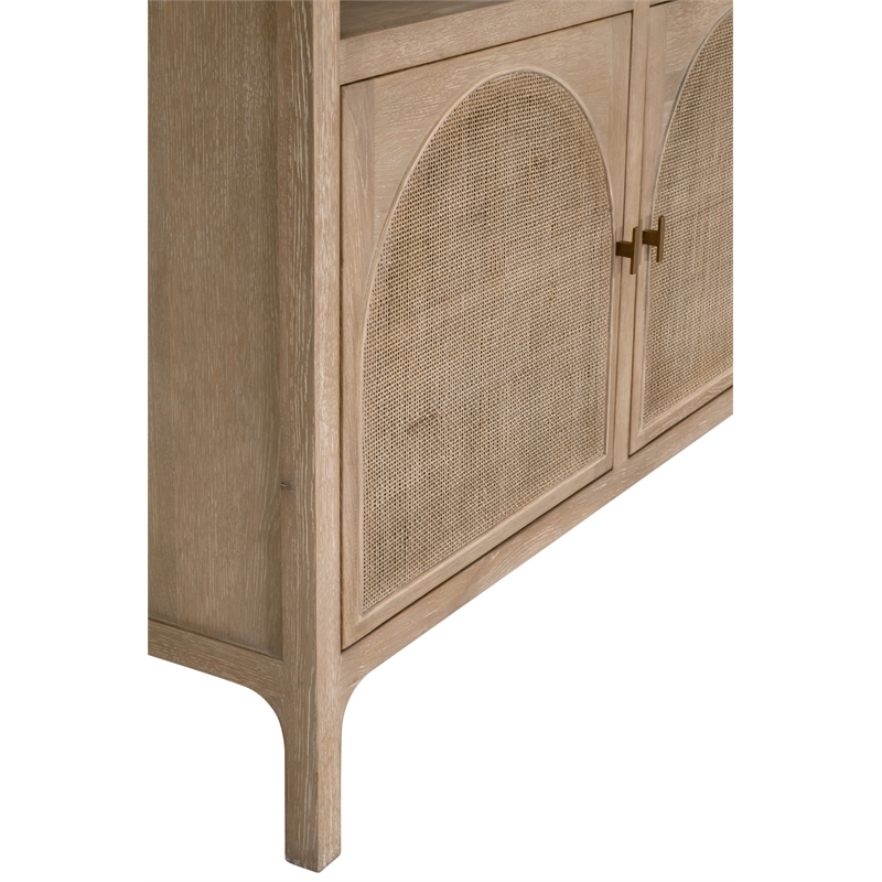 Maklaine Transitional Storage Bookcase in Natural Beige Solid Wood & Cane