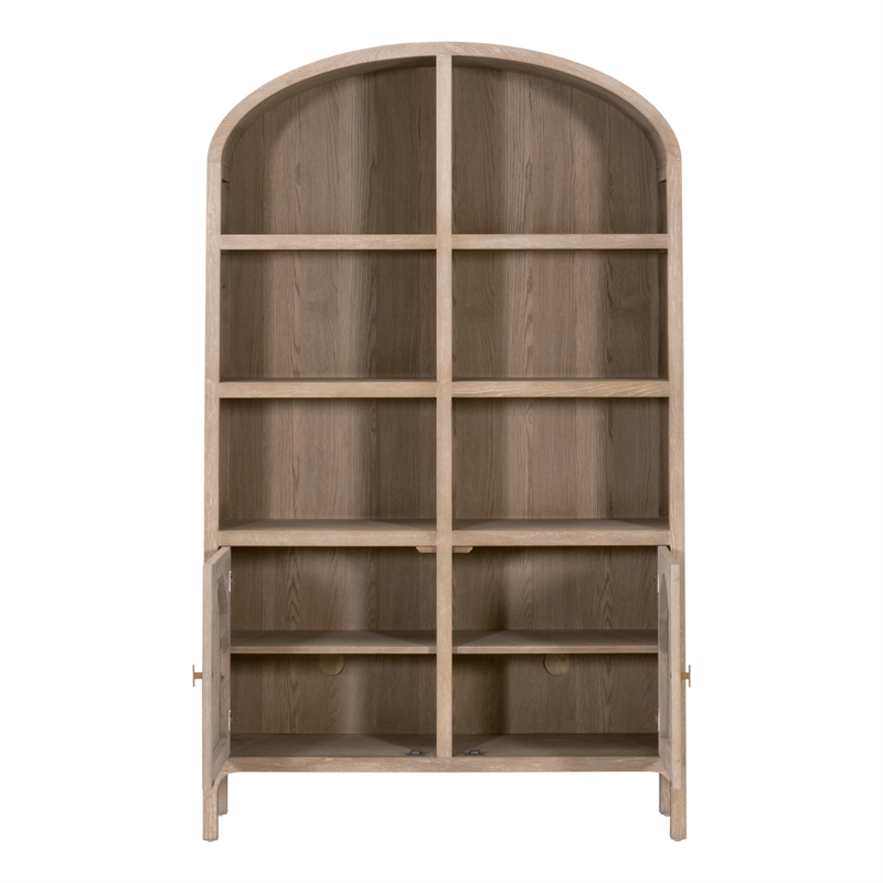 Maklaine Transitional Storage Bookcase in Natural Beige Solid Wood & Cane
