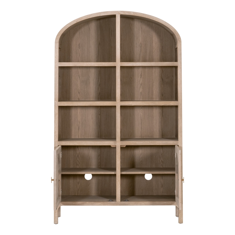 Maklaine Transitional Storage Bookcase in Natural Beige Solid Wood & Cane