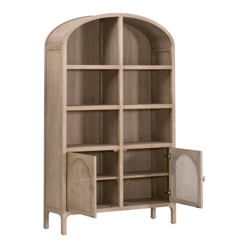 Maklaine Transitional Storage Bookcase in Natural Beige Solid Wood & Cane