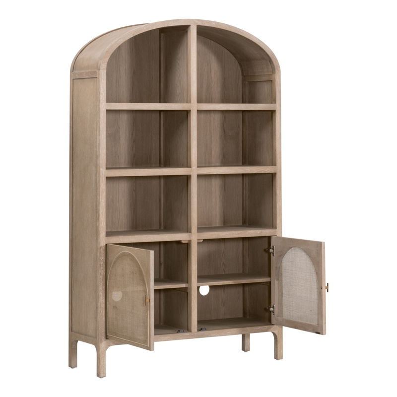 Maklaine Transitional Storage Bookcase in Natural Beige Solid Wood & Cane