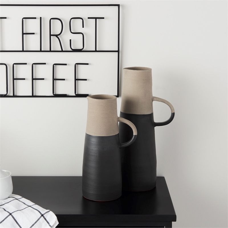 Maklaine Mid-Century Medium Two-Toned Black/Natural Ceramic Jug