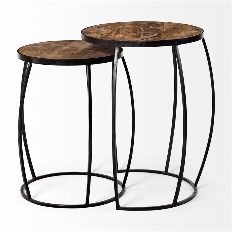 Maklaine 20 x 26 Set of Two Round Top Brown Wooden Nesting Accent Tables
