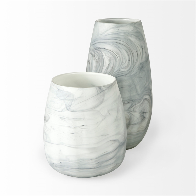 Maklaine Contemporary Tall White/Gray Abstract Pattern Ceramic Vase