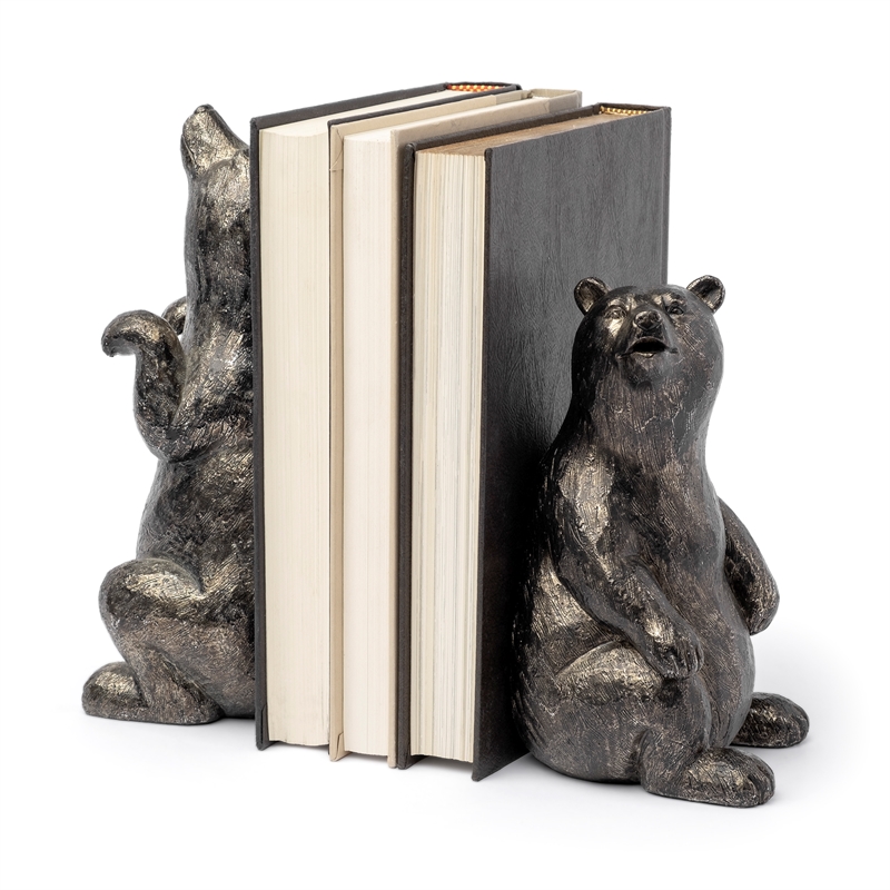 Maklaine Farmhouse Grizzly Bear Chrome Resin Weighted Bookends (set of 2)