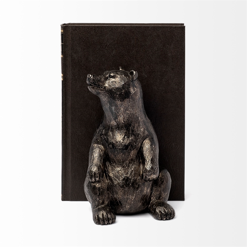 Maklaine Farmhouse Grizzly Bear Chrome Resin Weighted Bookends (set of 2)