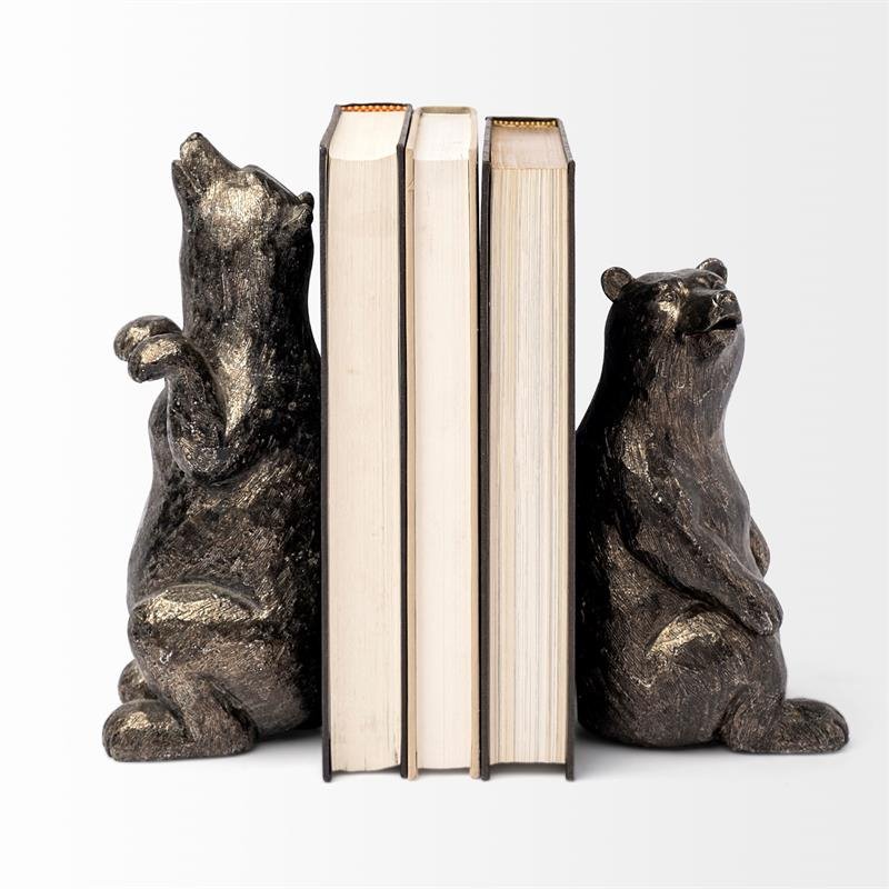 Maklaine Farmhouse Grizzly Bear Chrome Resin Weighted Bookends (set of 2)