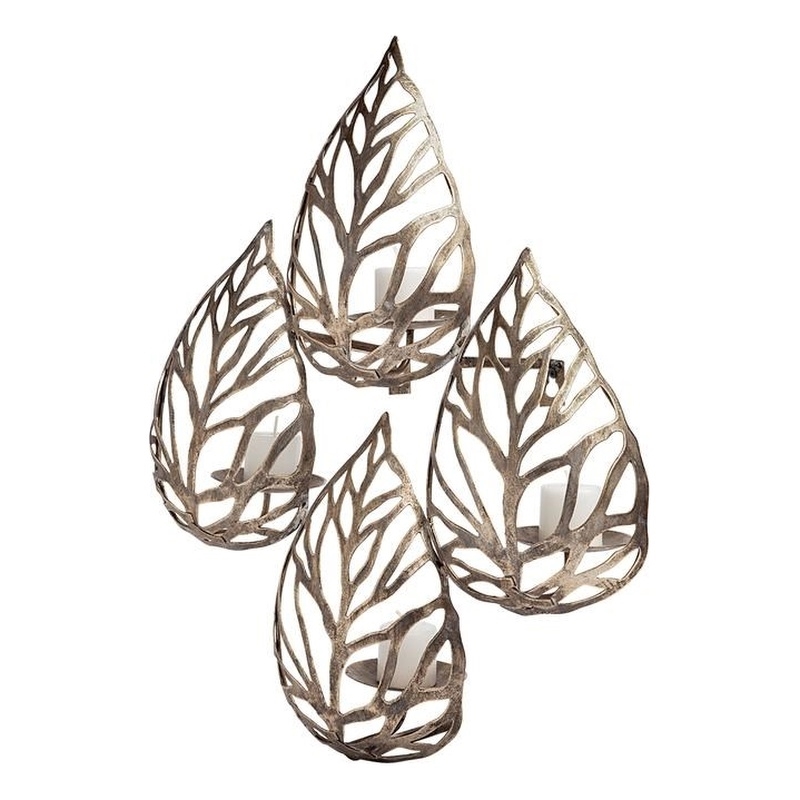 Maklaine Contemporary Set of 4 Gold toned Wall Candle Holders in Metal