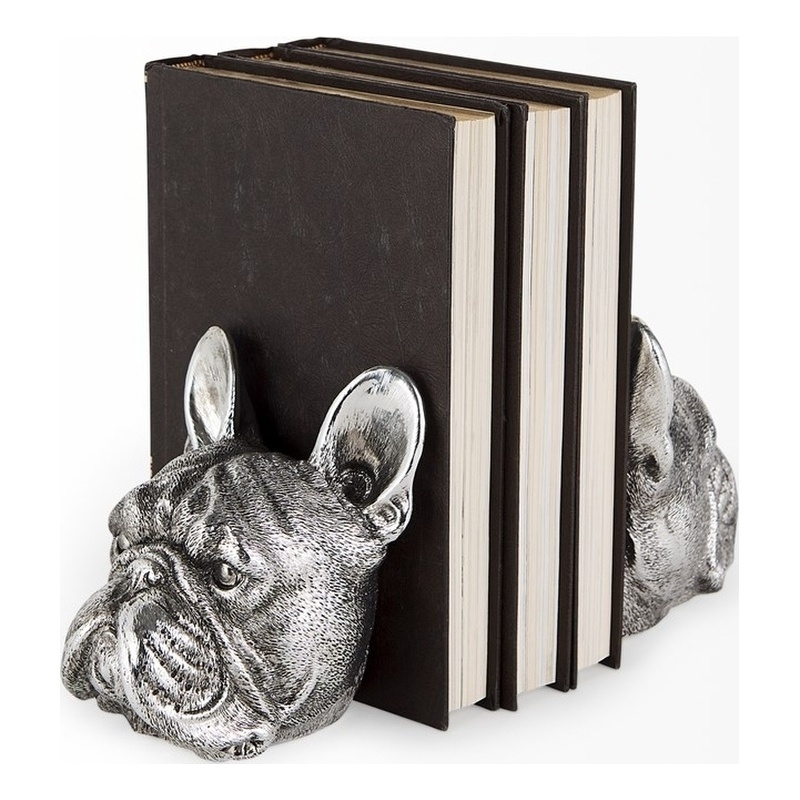 Maklaine Contemporary Resin American Bulldog Bookends in Silver