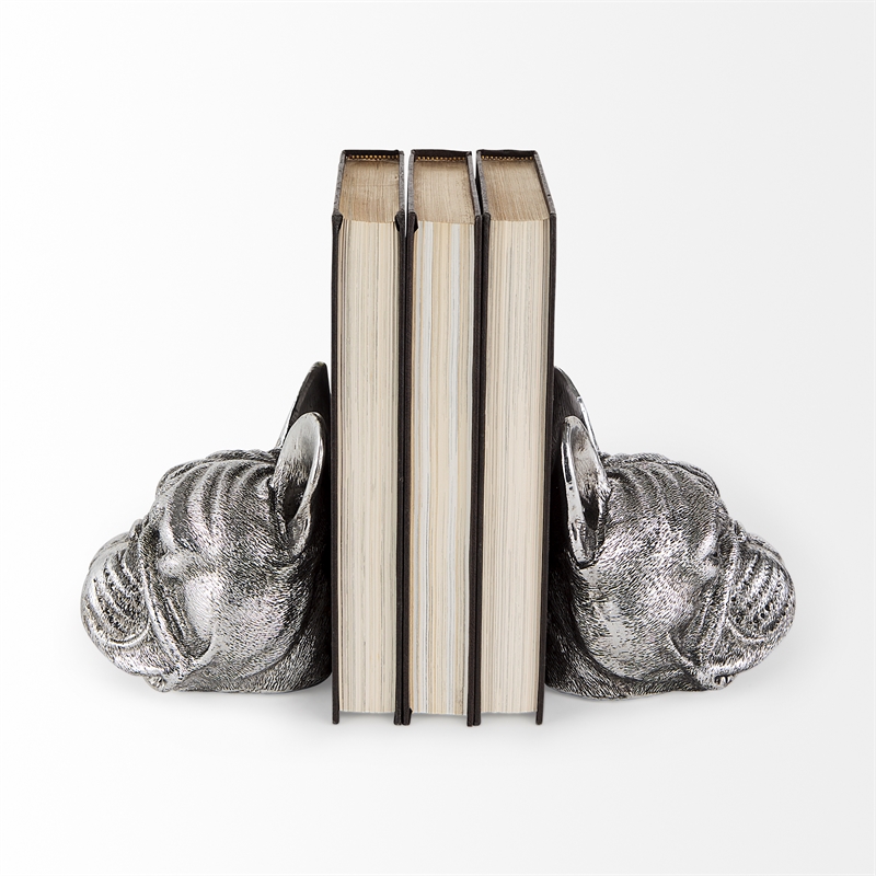 Maklaine Contemporary Resin American Bulldog Bookends in Silver