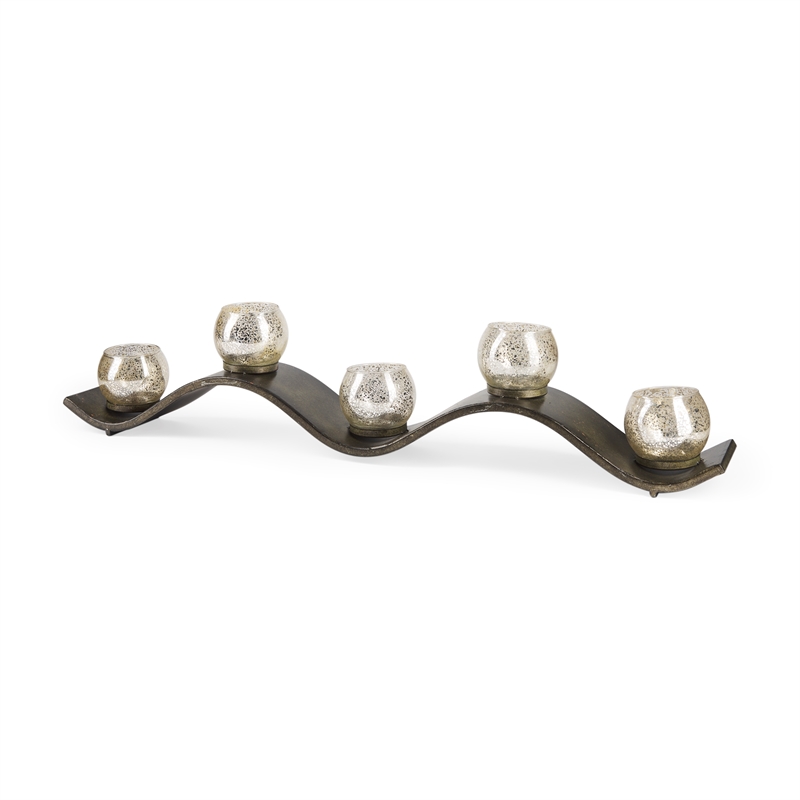 Maklaine Farmhouse Copper Metal Five Hurricane Glass Holder Table Candle Holder