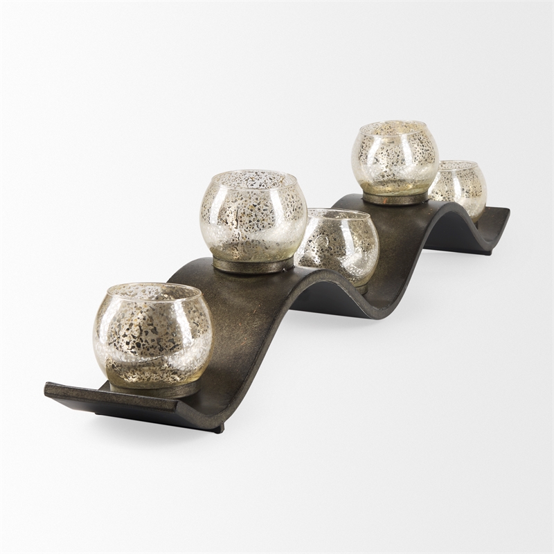 Maklaine Farmhouse Copper Metal Five Hurricane Glass Holder Table Candle Holder