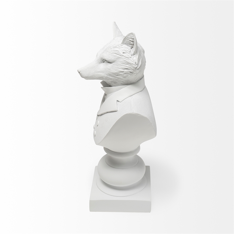 Maklaine Contemporary White Resin Fox Bust Finished in a White Suit