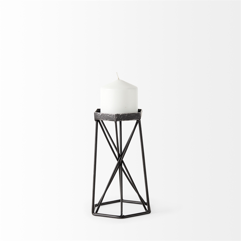 Maklaine Contemporary Small Antiqued Silver Metal Hexagonal Table Candle Holder