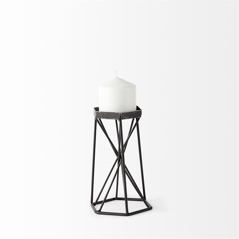 Maklaine Contemporary Small Antiqued Silver Metal Hexagonal Table Candle Holder