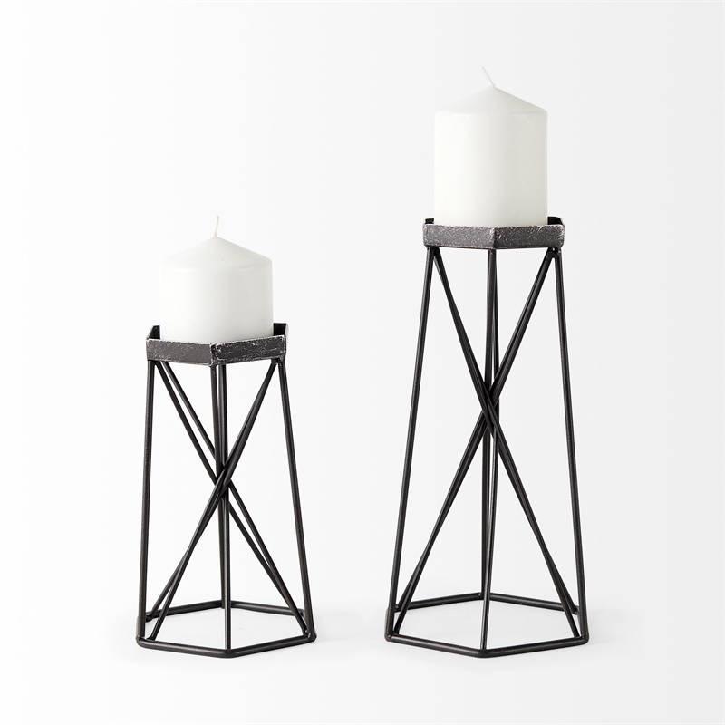 Maklaine Contemporary Small Antiqued Silver Metal Hexagonal Table Candle Holder
