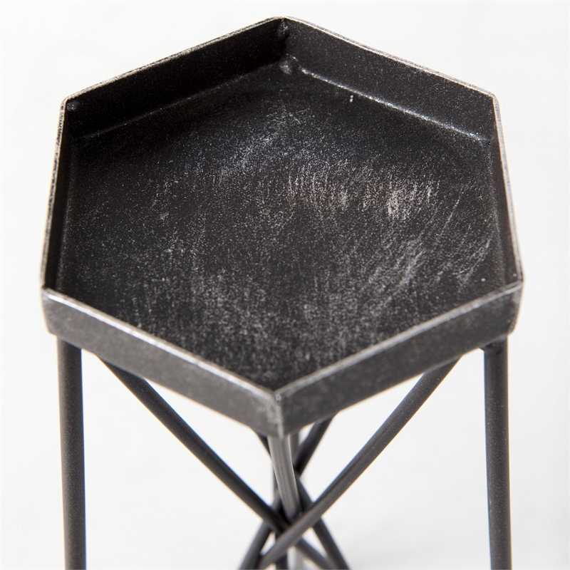 Maklaine Contemporary Small Antiqued Silver Metal Hexagonal Table Candle Holder