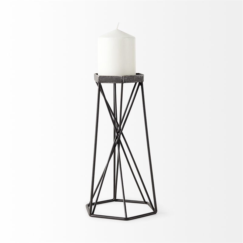 Maklaine Contemporary Large Antiqued Silver Metal Hexagonal Table Candle Holder
