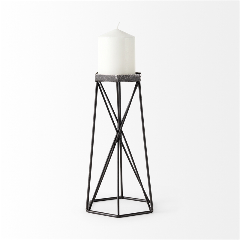 Maklaine Contemporary Large Antiqued Silver Metal Hexagonal Table Candle Holder