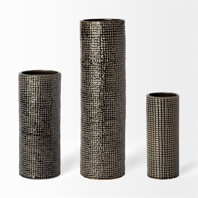 Maklaine Contemporary Large Black/Gold Cylindrical Ceramic Vase
