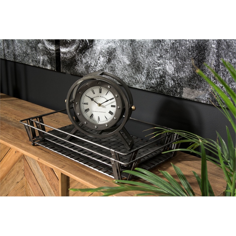 Maklaine Traditional Metal Circular Table Clock in Gray Finish