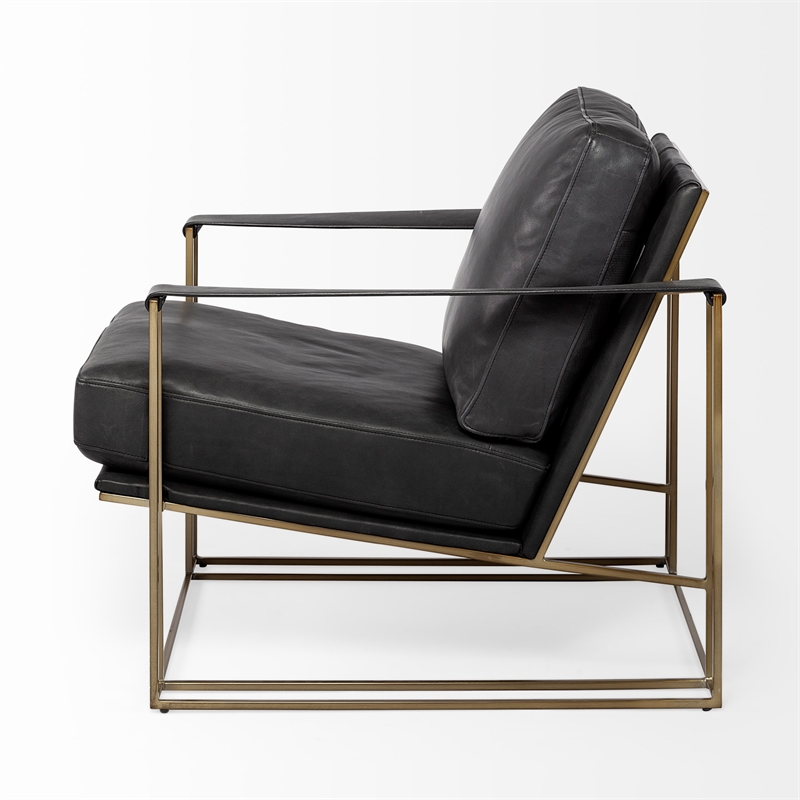 Maklaine Contemporary Black Leather Wrap Gold Metal Frame Accent Chair