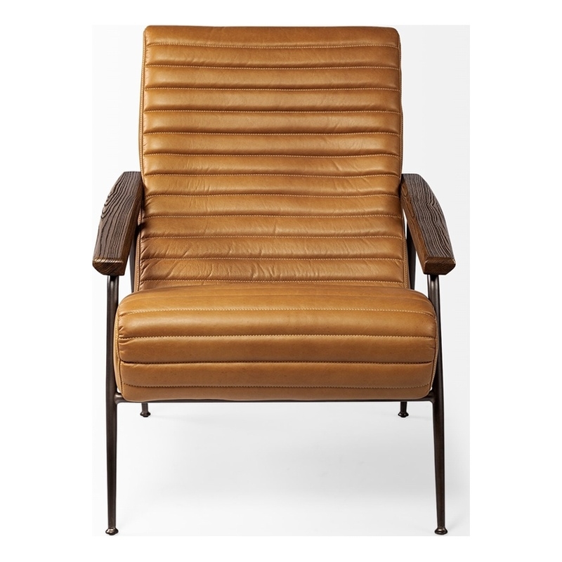 Maklaine Contemporary Tan Leather Wrap Brown Metal Frame Accent Chair