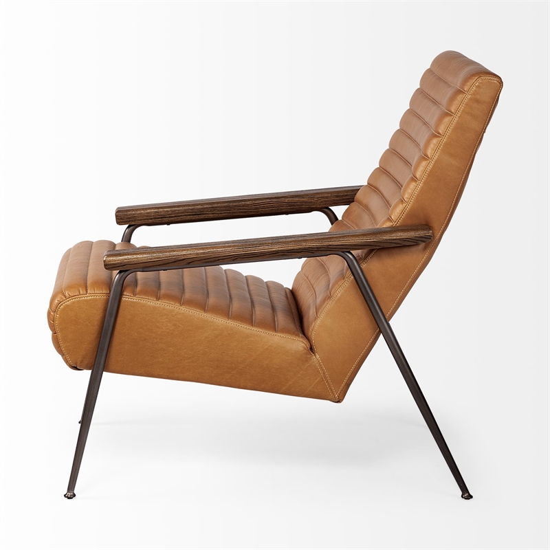 Maklaine Contemporary Tan Leather Wrap Brown Metal Frame Accent Chair