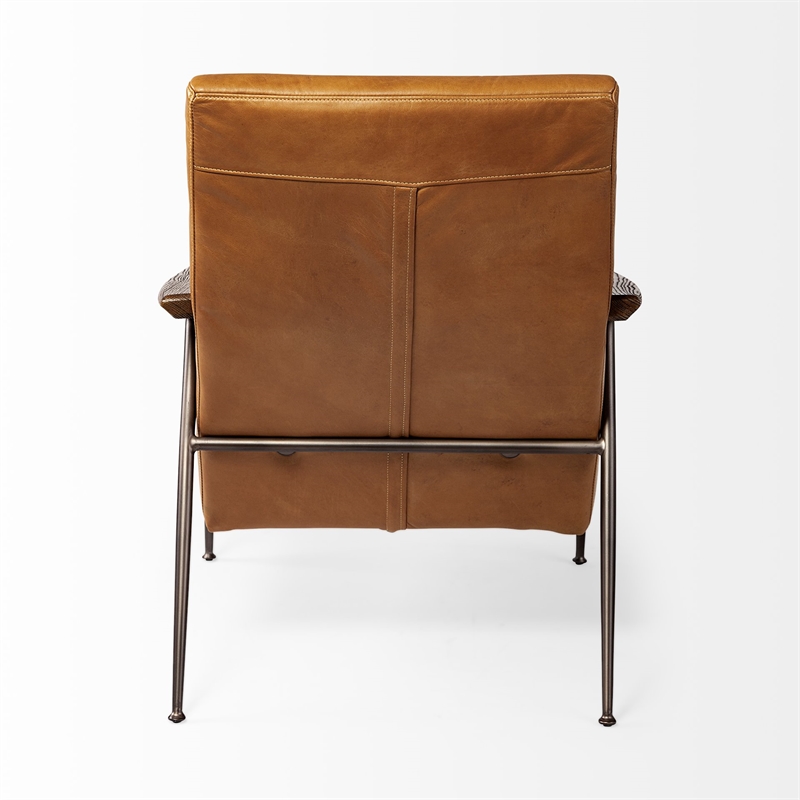 Maklaine Contemporary Tan Leather Wrap Brown Metal Frame Accent Chair