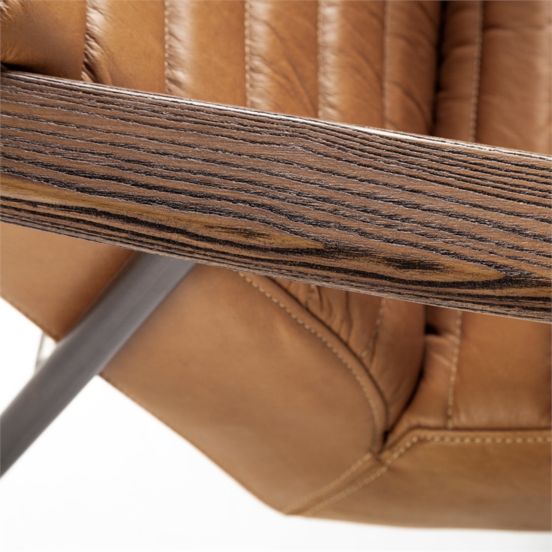 Maklaine Contemporary Tan Leather Wrap Brown Metal Frame Accent Chair