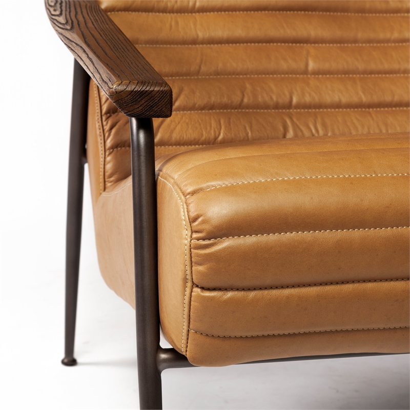 Maklaine Contemporary Tan Leather Wrap Brown Metal Frame Accent Chair