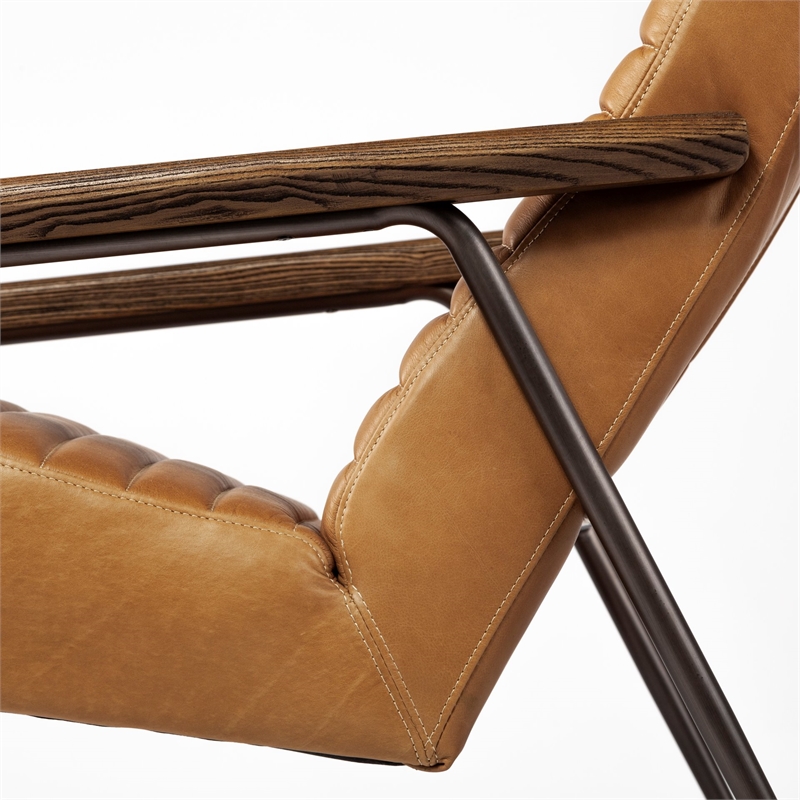 Maklaine Contemporary Tan Leather Wrap Brown Metal Frame Accent Chair